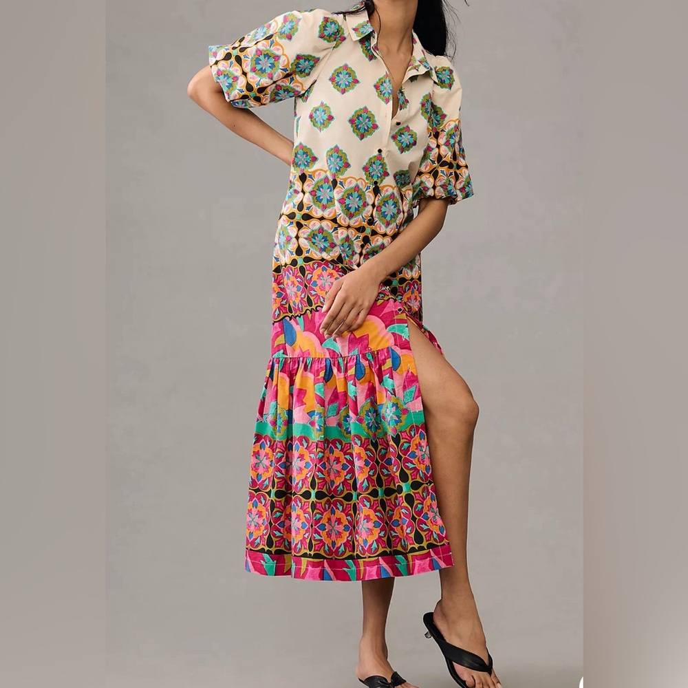 Anthropologie Mixed Print Buttondown Maxi Dress